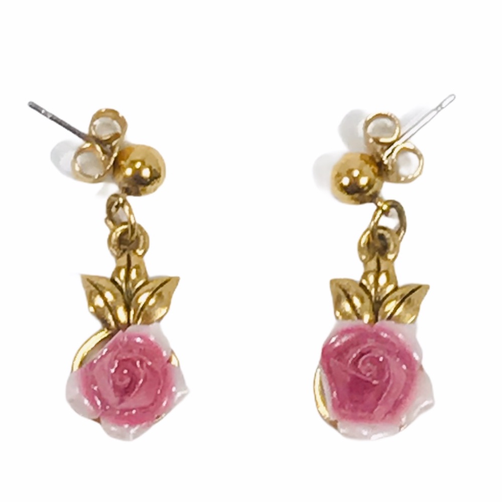 Rose Earrings, Gold Tone, Pink, White